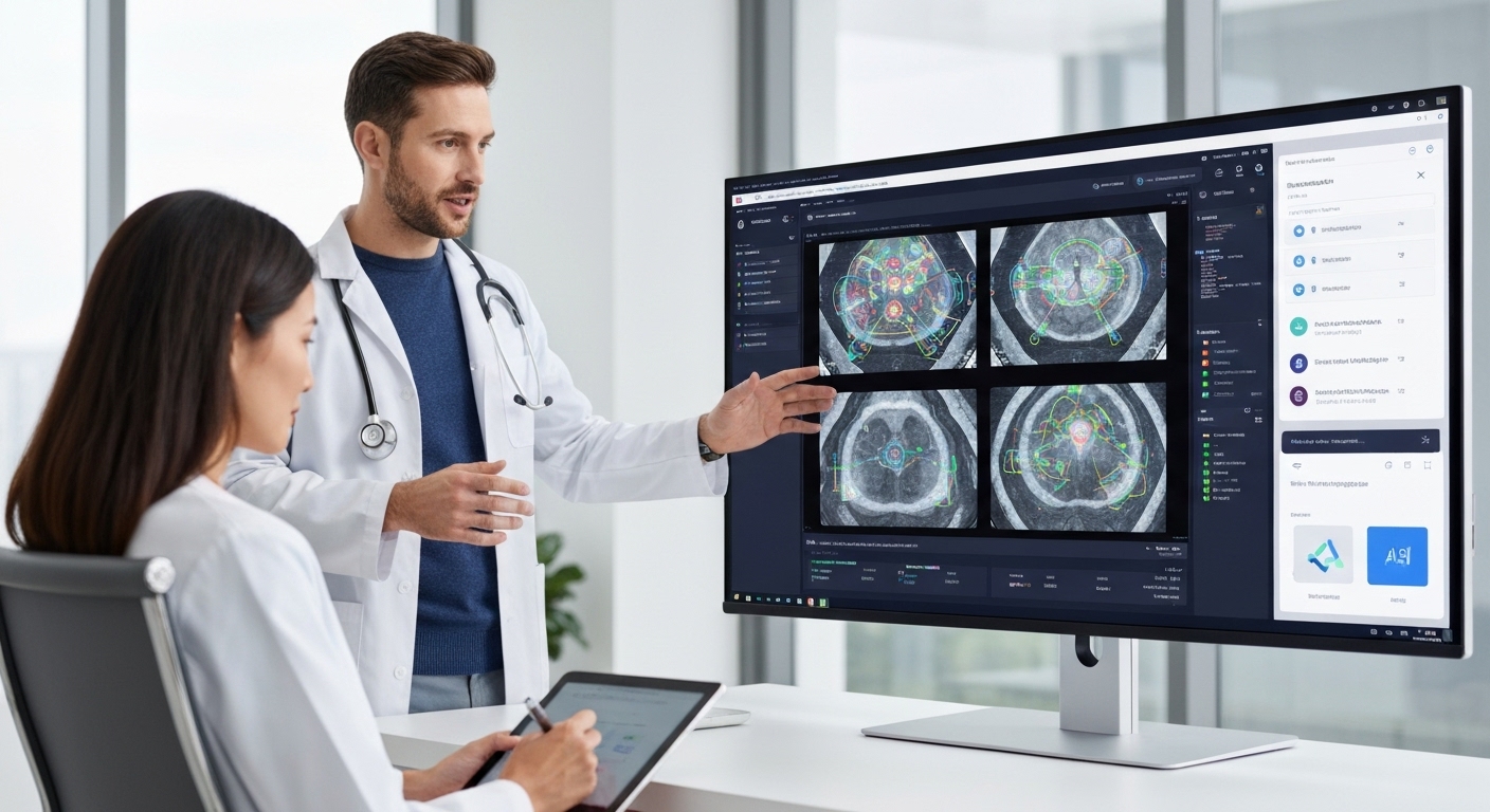 Doctors analyzing a medical image using a machine learning-powered interface.