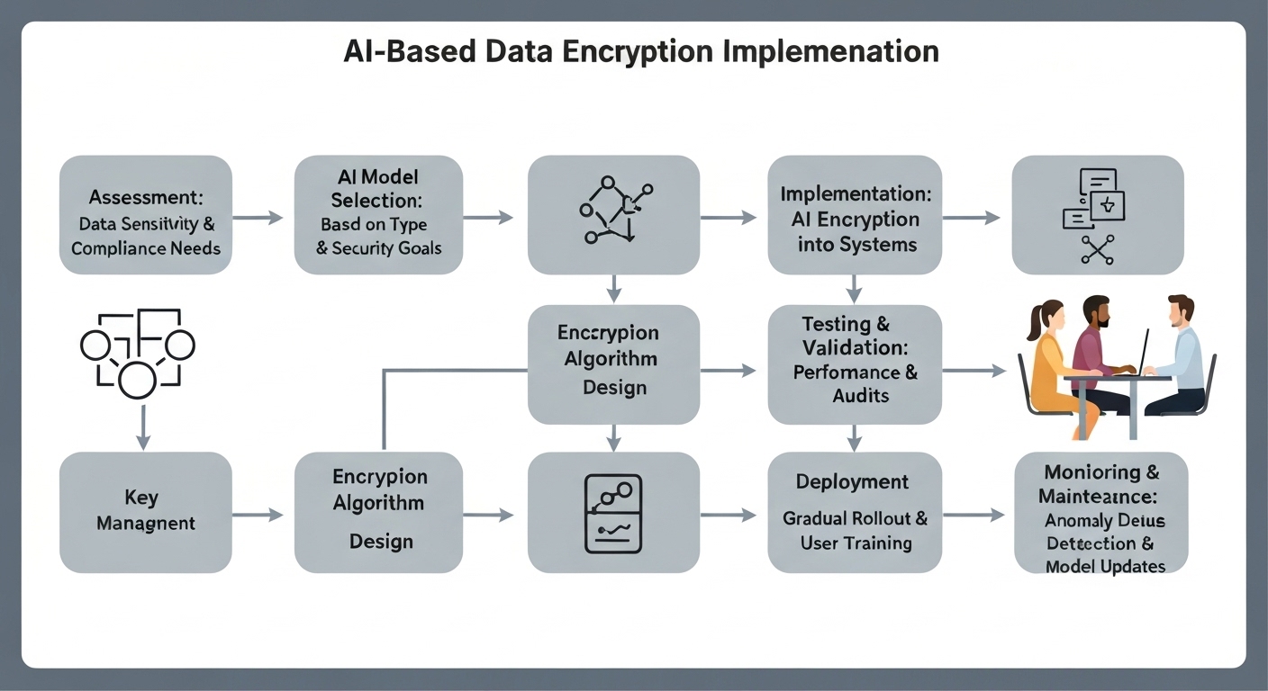 A diagram outlining the steps involved in implementing AI-based data encryption solutions, from assessment to monitoring.