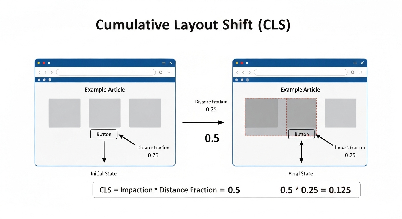 Diagram showing how cumulative layout shift is measured, focusing on the impact fraction and distance fraction