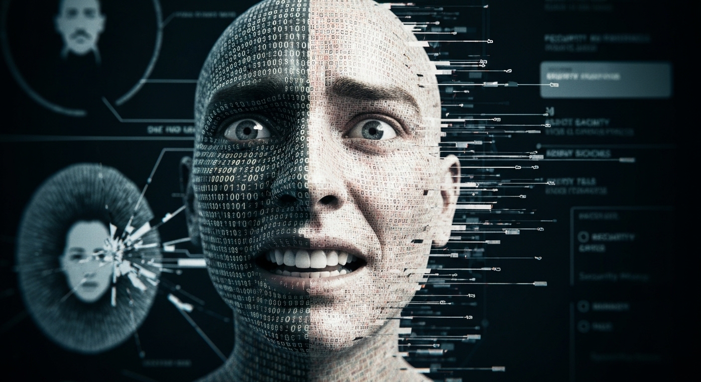 Illustration depicting the challenges of AI authentication, including bias and adversarial attacks.