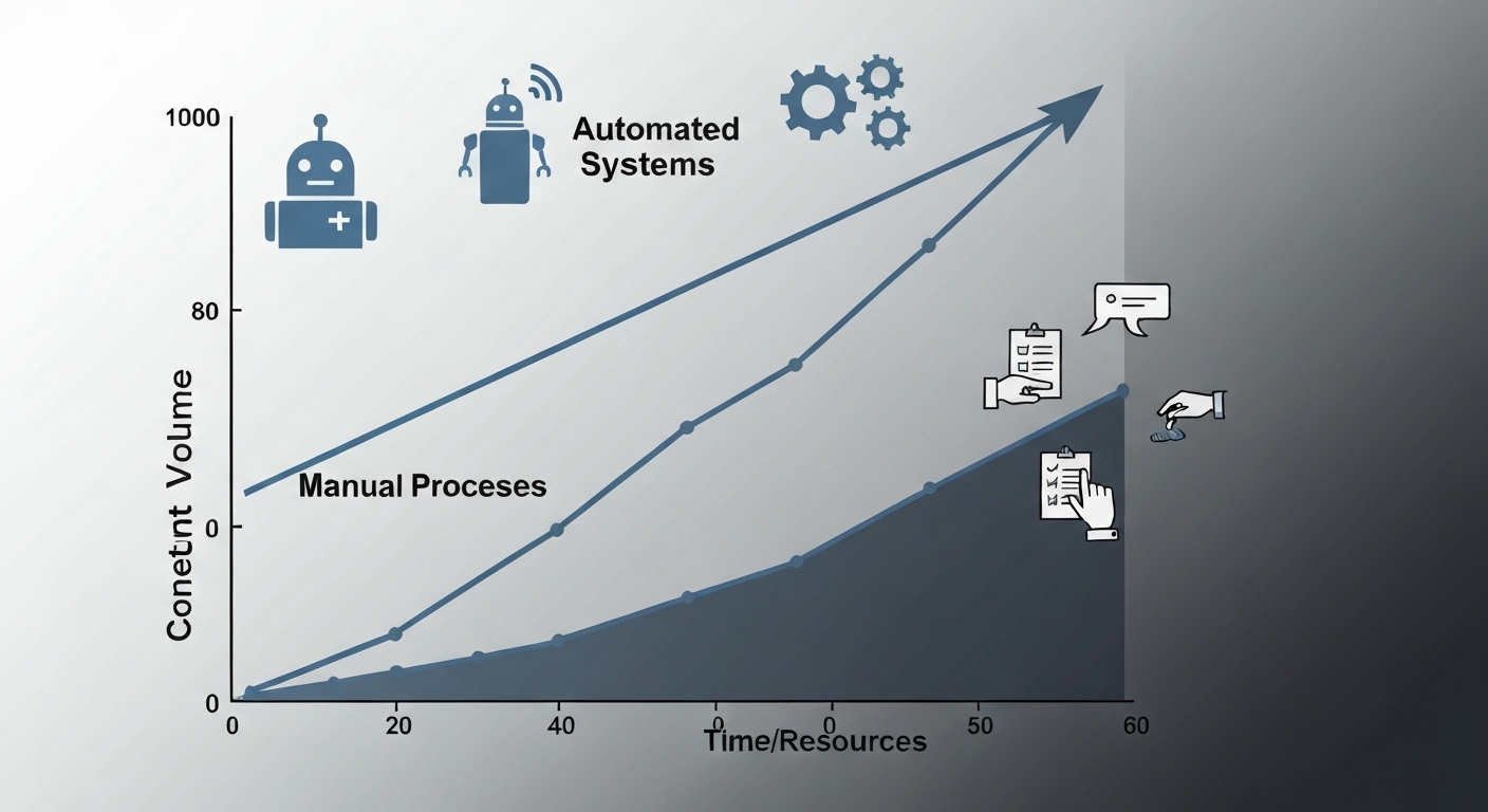 Diagram illustrating the scalability of automated systems compared to manual processes.