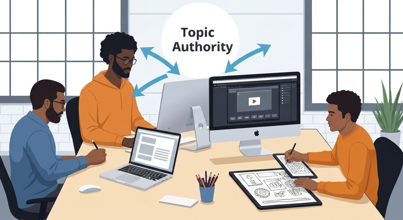 Image showing various content types being created: blog posts, videos, infographics.