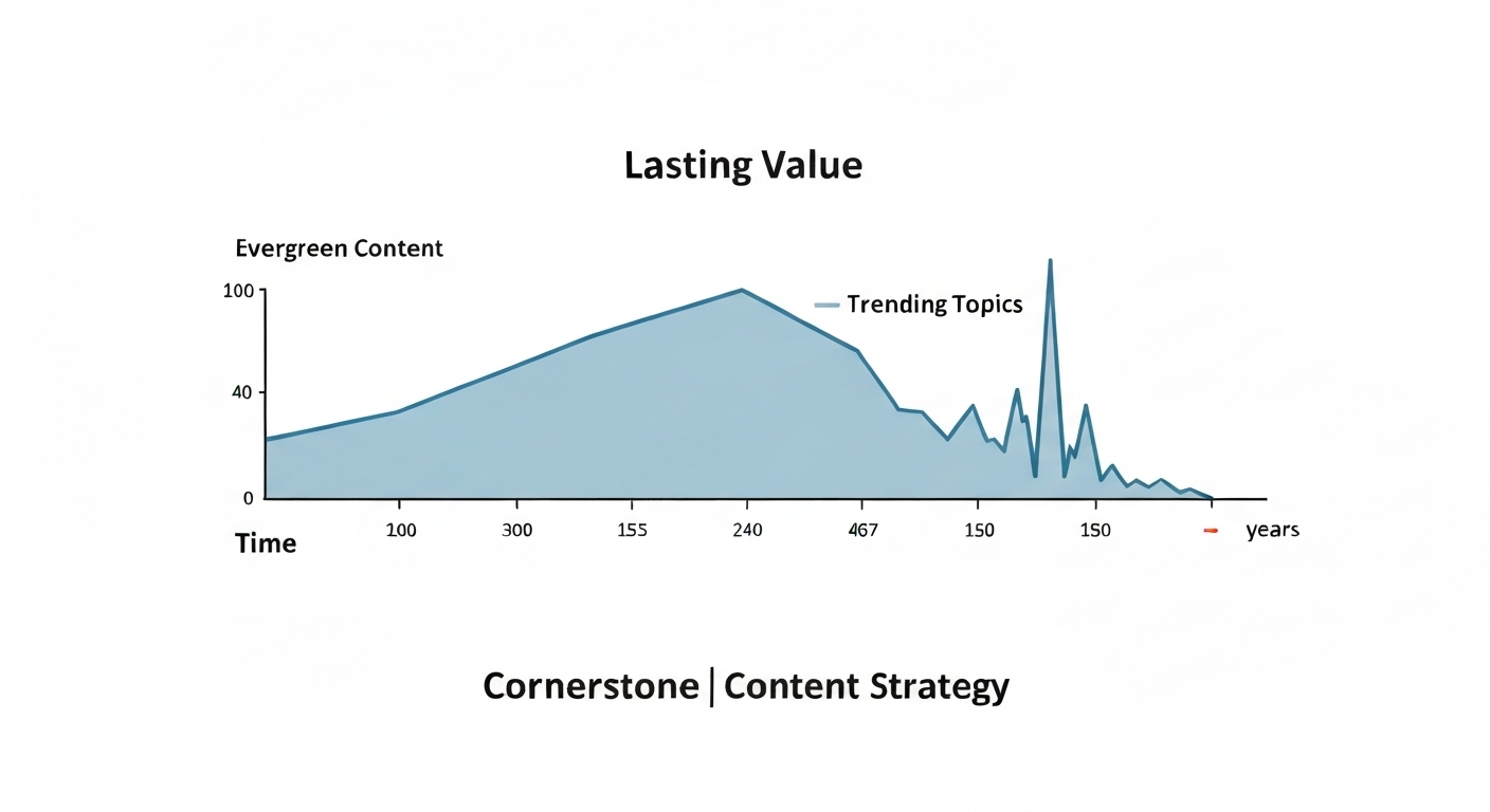 A timeline showing the lasting value of evergreen content compared to the short lifespan of trending topics.