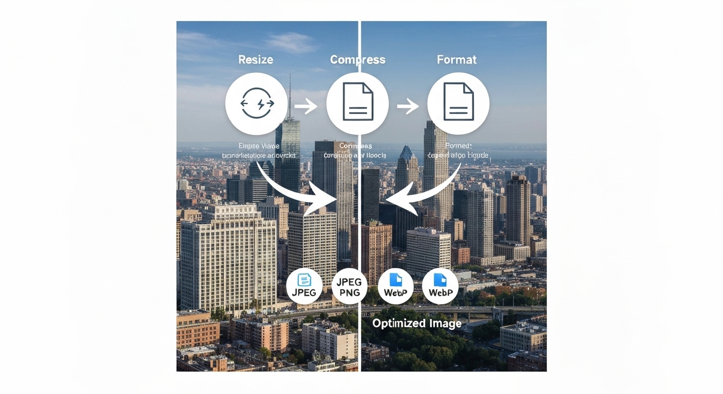 Graphic illustrating the process of optimizing images, including resizing, compression, and format selection.