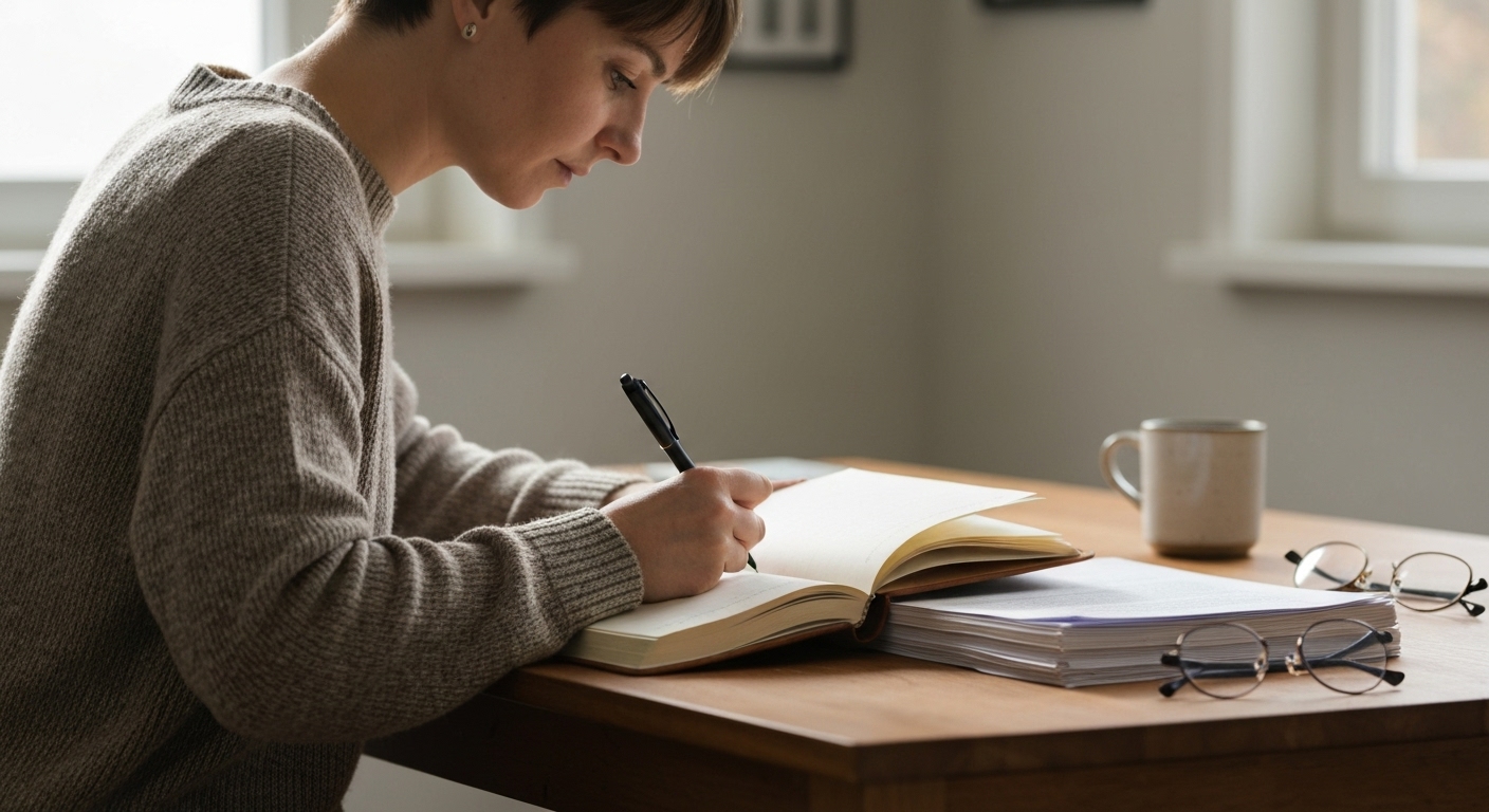 A person writing in a journal, representing the sharing of personal experiences in content creation.