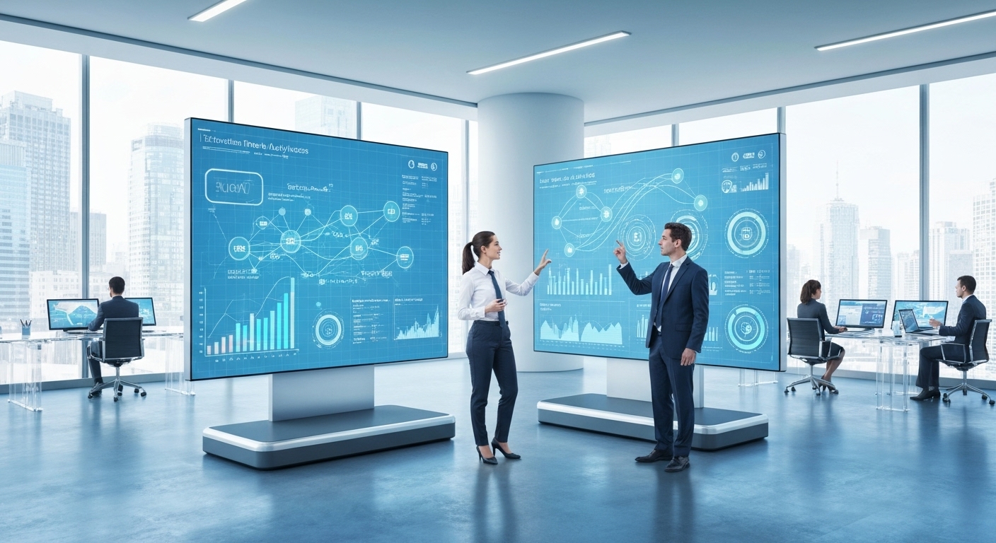 Visualization of the future of AI in business intelligence with advanced data processing and insights.