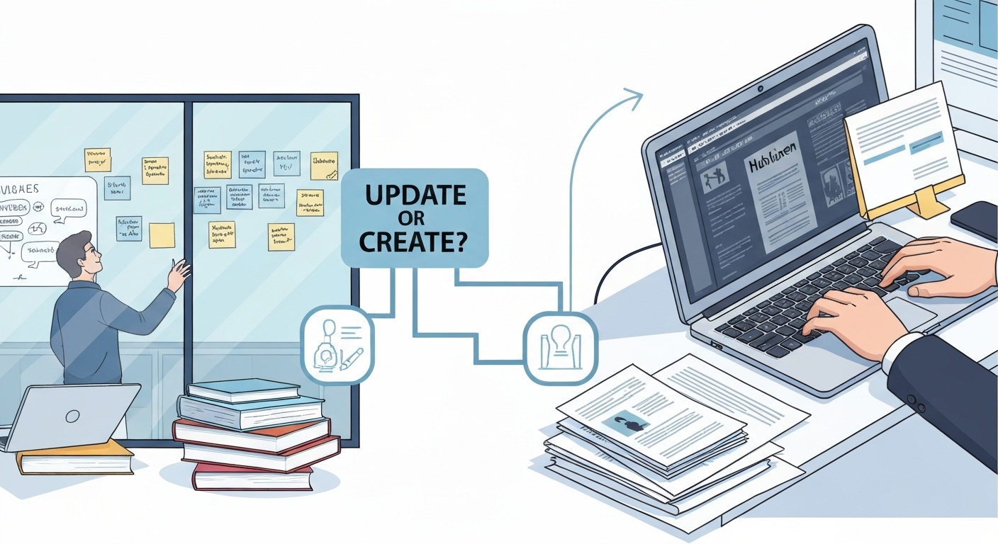 Illustration depicting the process of new content creation, including brainstorming, research, writing, and publishing.
