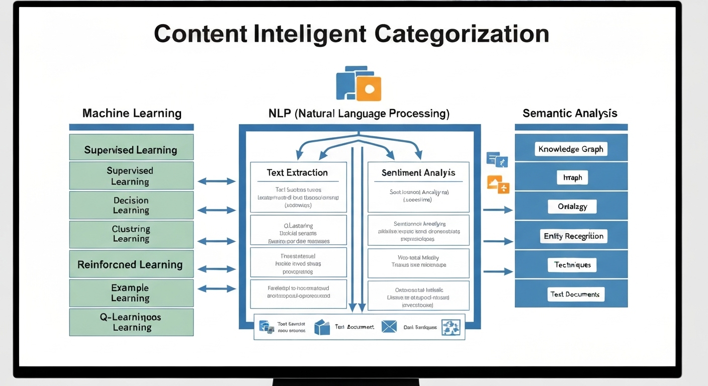 Diagramma monstrante diverse technicas de data categorization, tal como machine learning, NLP, e semantic analysis.