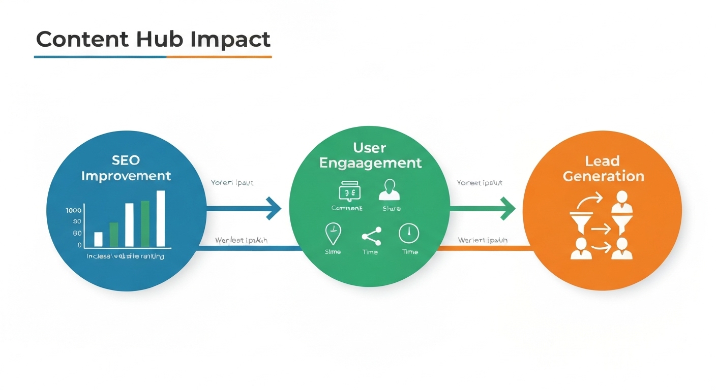 Un grafico monstrante le impacto positive de un centro de contento super le SEO, engagement del usator, e generation de leads.