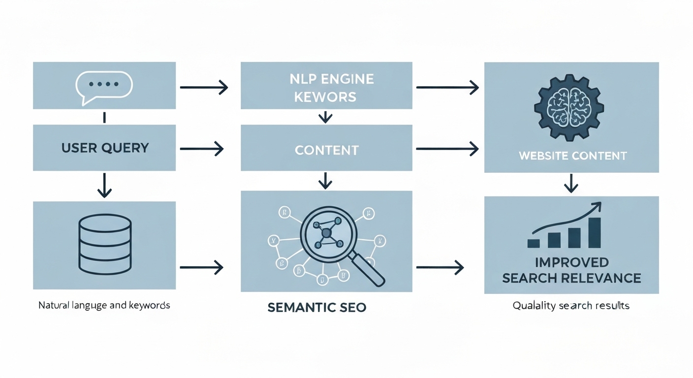 Diagram showing NLP analyzing user queries and website content to improve search relevance.