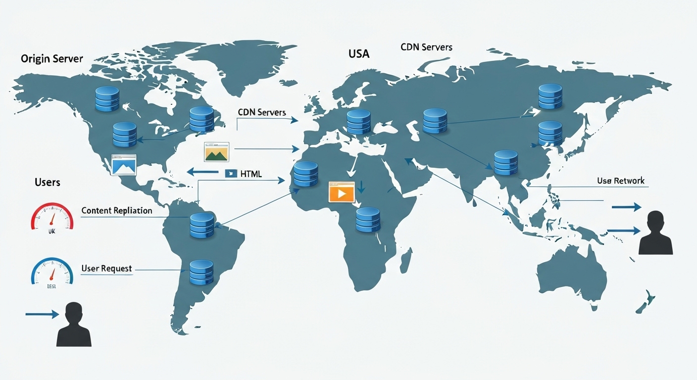 Diagram illustrating how a CDN distributes website content across multiple servers globally for faster delivery.