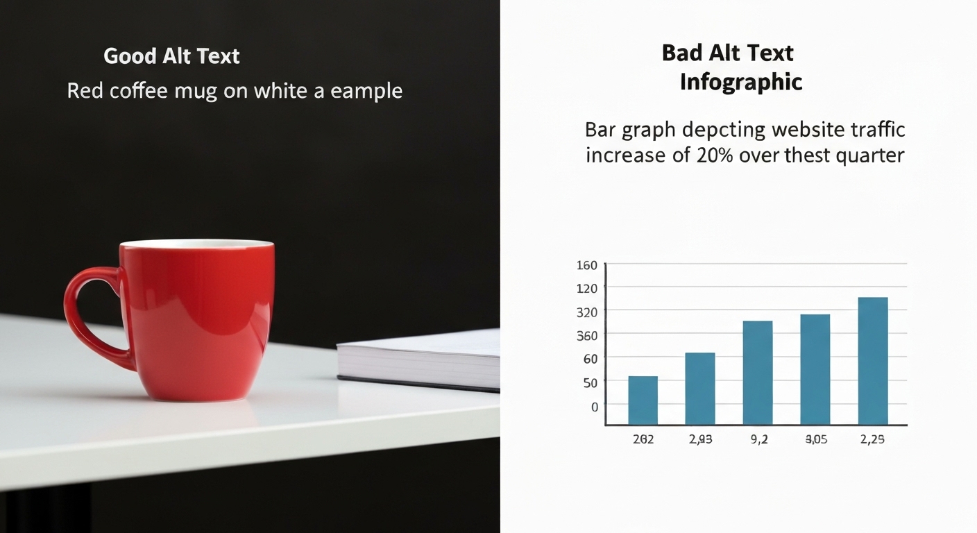 Examples of good and bad alt text for a product image and an infographic.