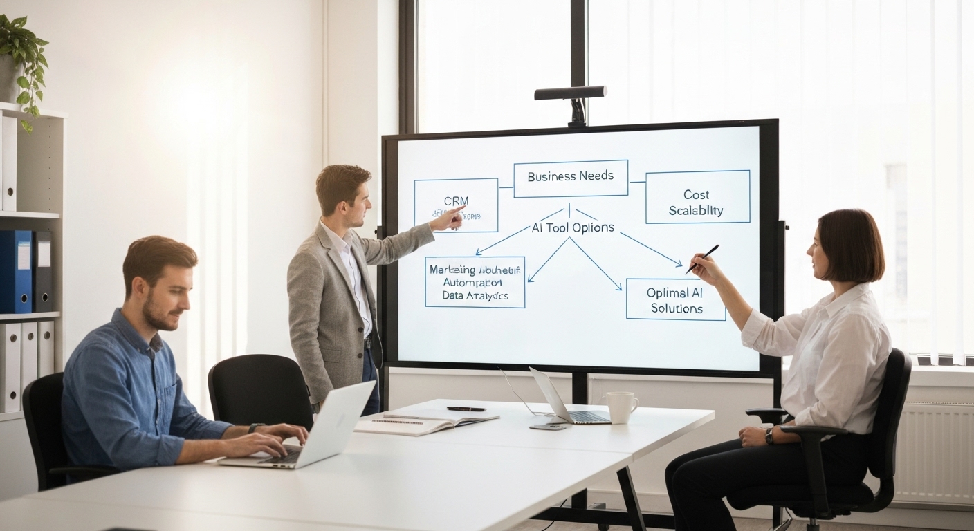 Illustration depicting the process of choosing the right AI tools for a small business, including evaluating different options and aligning them with specific business needs.