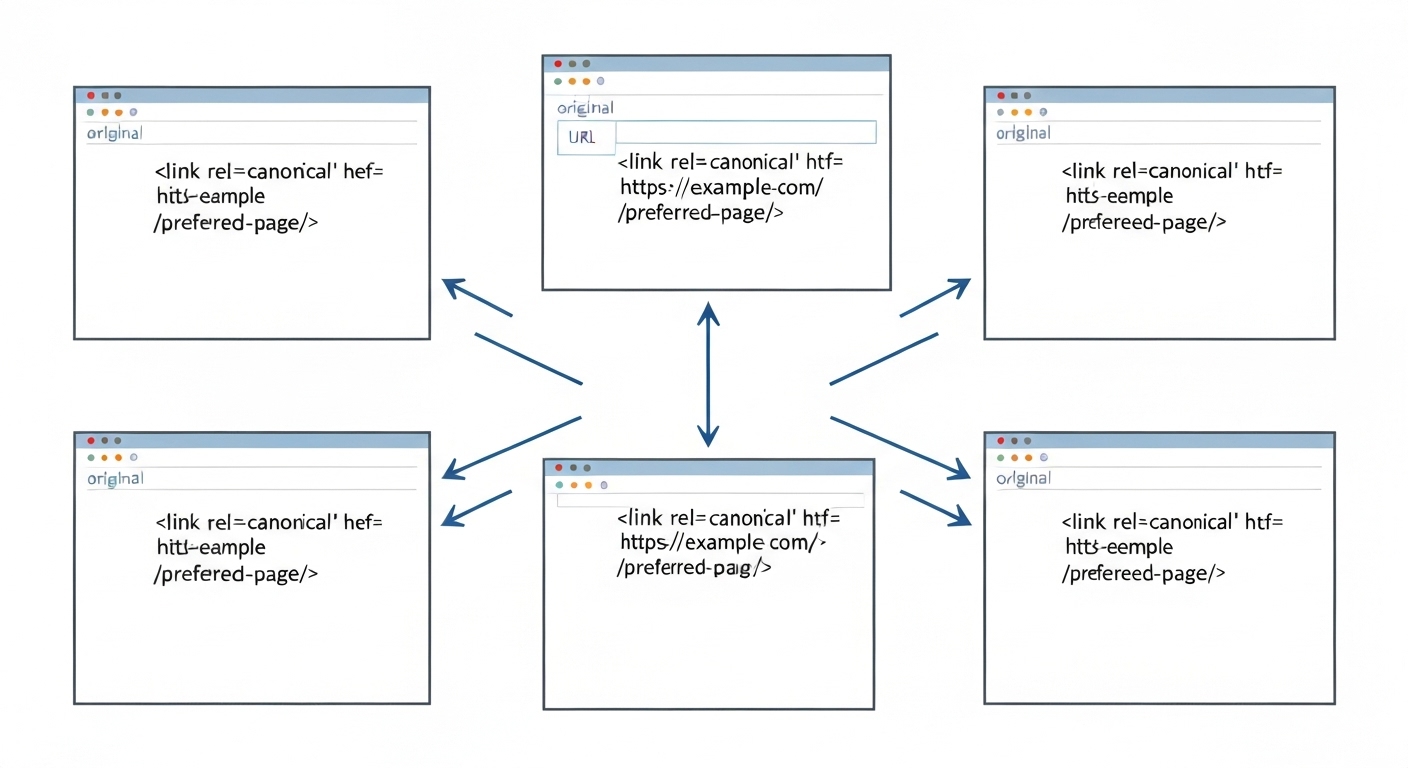 Illustration of how canonical tags consolidate link equity from multiple URLs to a single, preferred URL