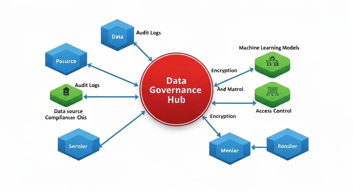 Image depicting data governance, audit, and monitoring processes, highlighting security and compliance measures.