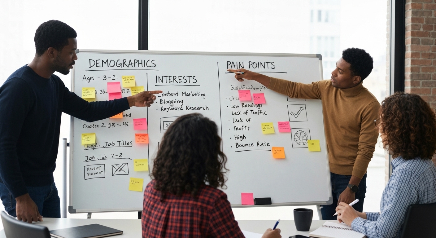Depiction of the process of defining a target audience with demographics, interests, and pain points analysis.