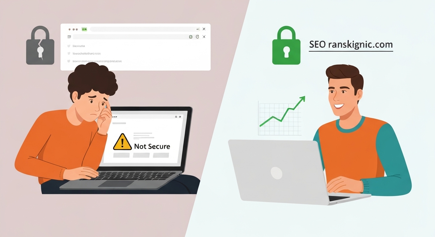 Illustration montrante como un SSL certificato meliora le experientia del usator.