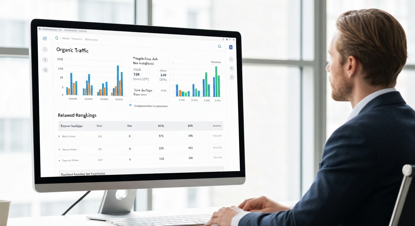 A dashboard showing website analytics, with a focus on organic traffic and key performance indicators (KPIs).
