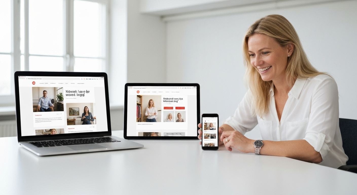 Eksempel på responsivt design, der viser en hjemmeside på forskellige enheder.