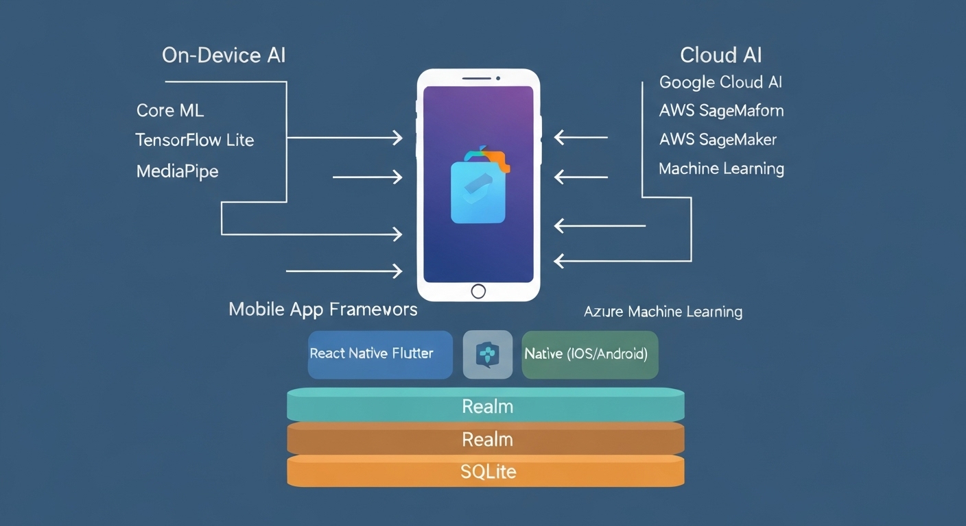 Illustration of a technology stack for AI-first mobile development, showing on-device and cloud AI options.