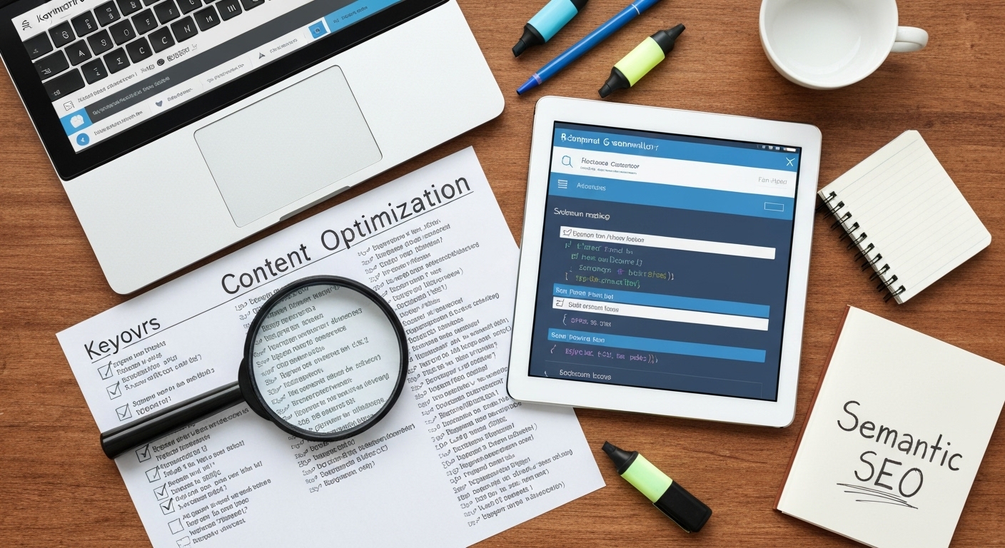 A collage of tools used for semantic SEO, including keyword research, content optimization, and schema markup generators.
