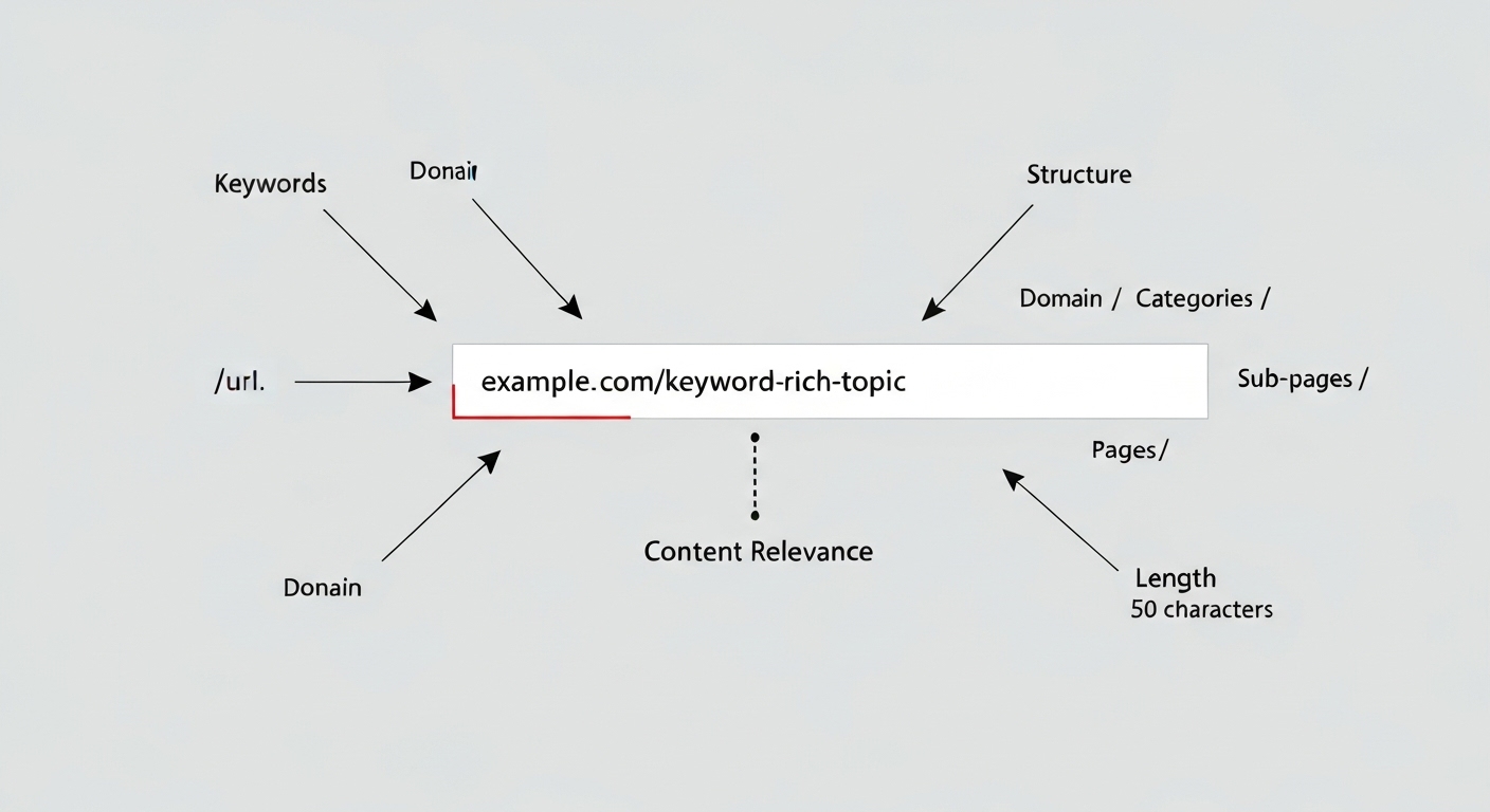 Diagram showing the key elements of SEO-friendly URLs, including keywords, structure, and length.