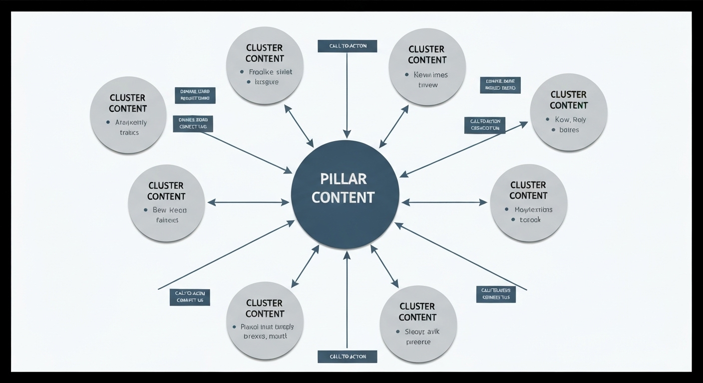 Un representation visual del relation inter contento pilastro, contento de cluster, ligamentos interne, e call-to-actions in un centro de contento.
