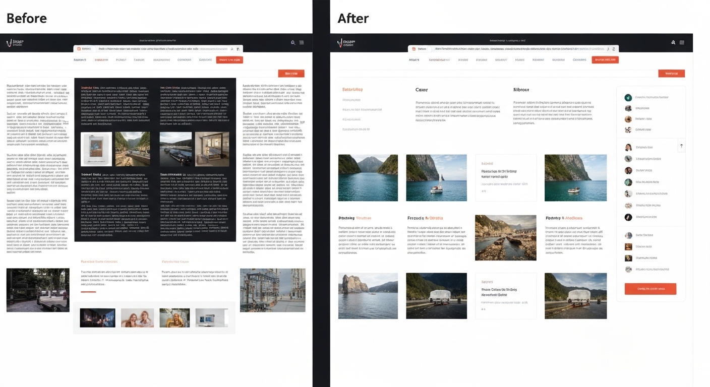 Diagram showing a website page before and after a content refresh, highlighting improvements in text, images, and layout.