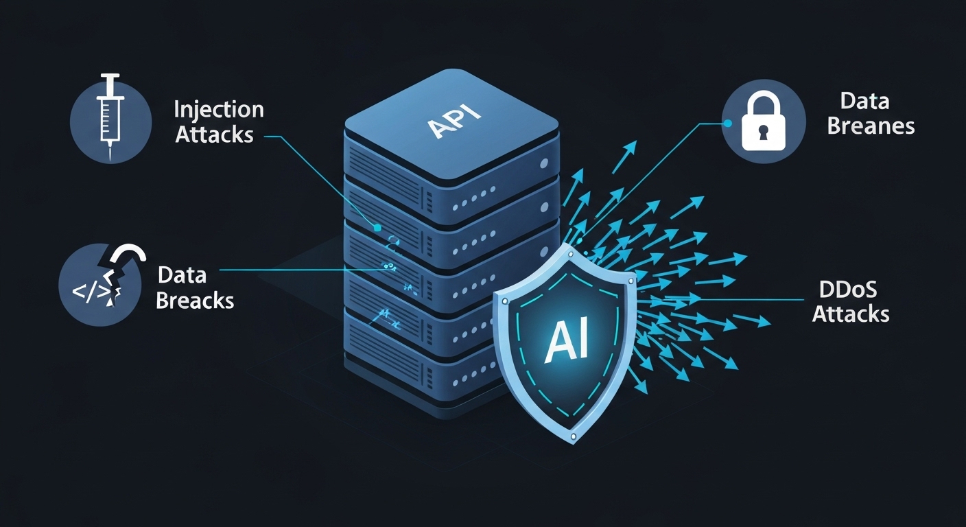 Graphical representation of various API threats, including injection attacks, data breaches, and DDoS attacks.