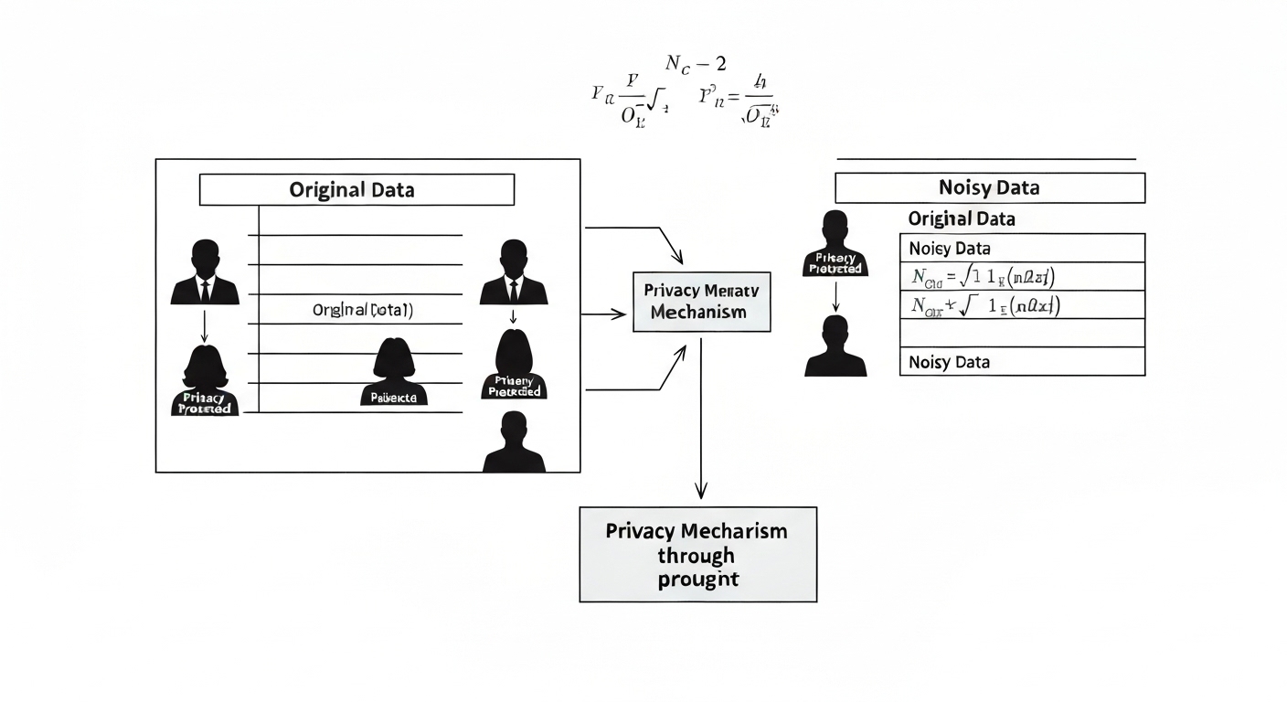 Diagram explaining differential privacy, showing noise being added to data to protect individual privacy.