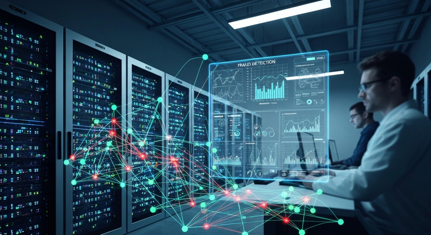 A visualization of machine learning algorithms analyzing data points to identify fraudulent patterns and prevent financial crimes.