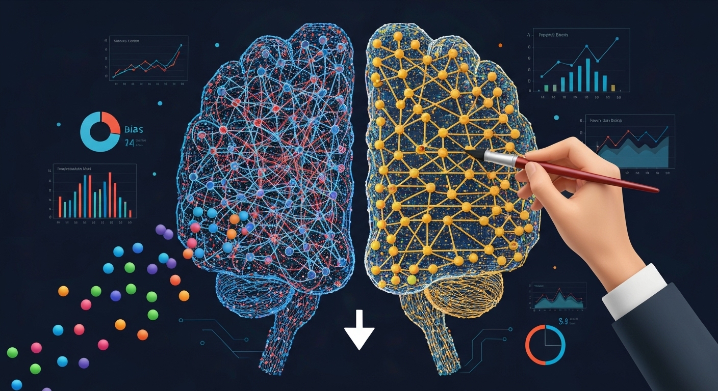Illustration showing the concept of removing bias from AI algorithms to ensure fairness.