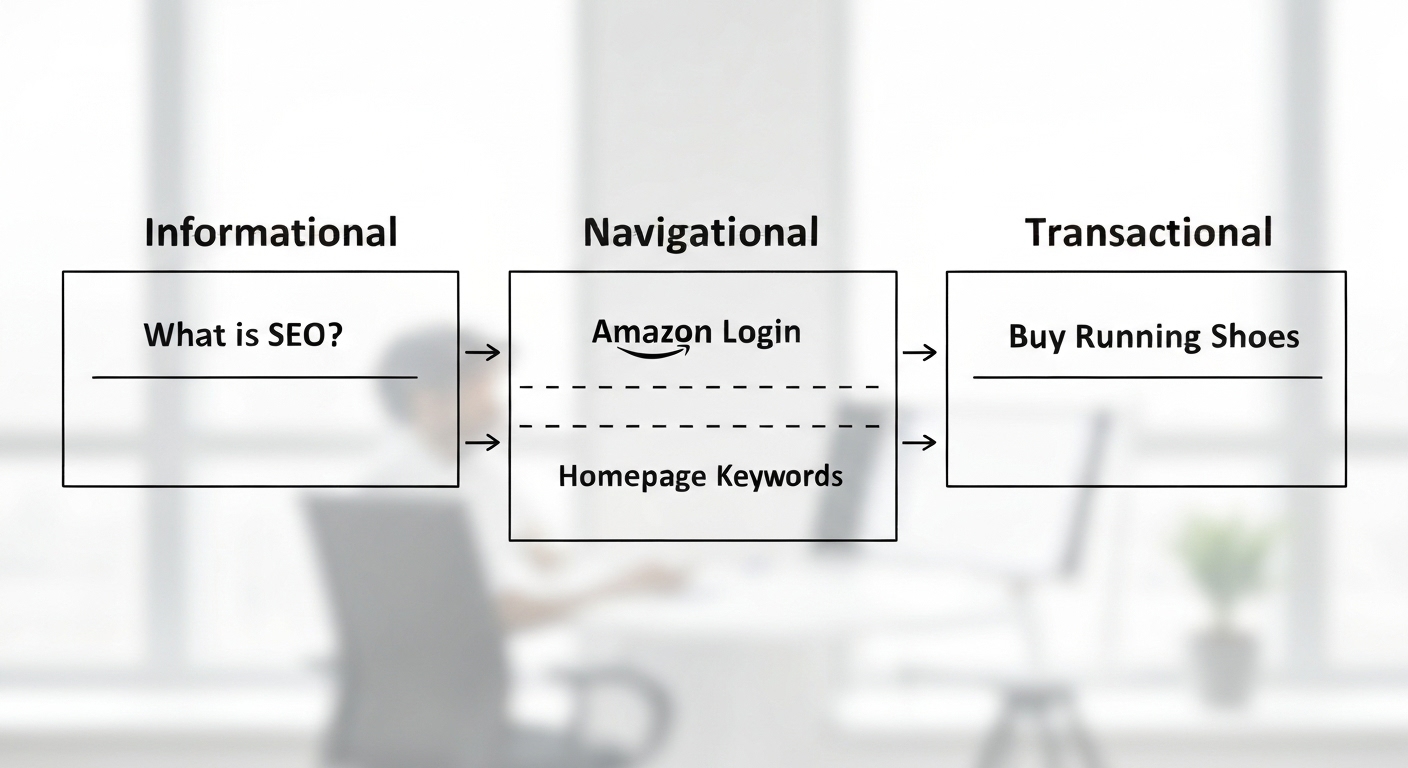 Diagram illustrating different types of keyword intent, such as informational, navigational, and transactional.