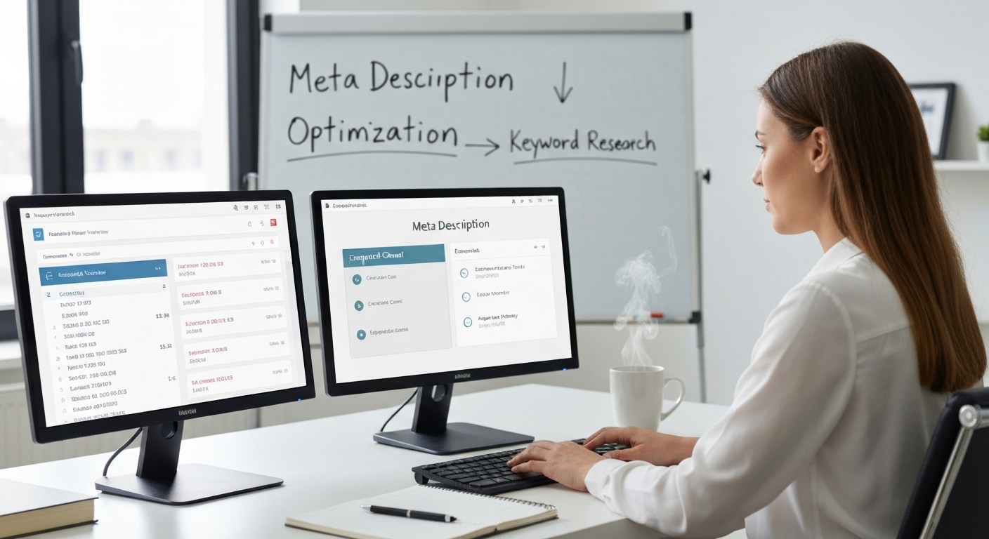 Illustration depicting keyword research process for meta description optimization